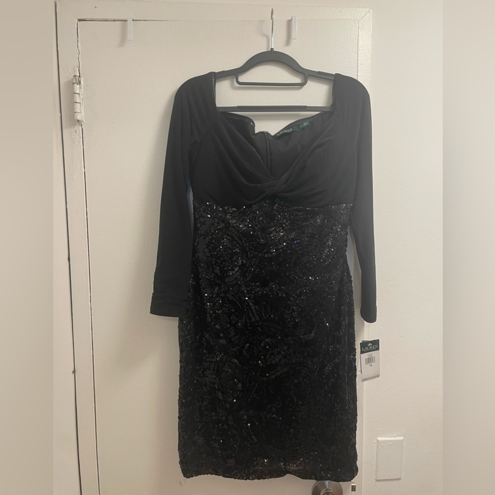NWT- Lauren by Ralph Lauren off shoulder black sequin dress